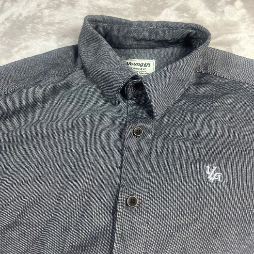 YoungLA Men's Large Short Sleeve Button Down Shirt Gray Embroidered Logo Heather